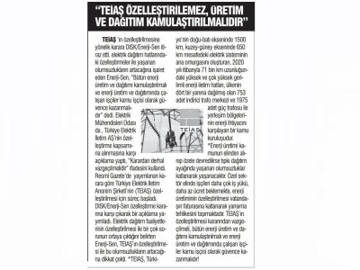 TEİAŞIN ÖZELLEŞTİRİLEMEZ, ÜRETİM VE DAĞITIM
 KAMUSALLAŞTIRILMALIDIR (TÜRKİYEDE YENİ ÇAĞ)