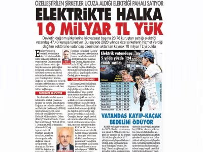 ELEKTRİKTE HALKA 10 MİLYAR TL YÜK (SÖZCÜ)