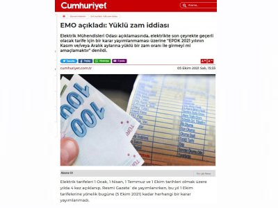 `ELEKTRİKTE YÜKLÜ ZAM KASIM AYINDA OLACAK` İDDİASI (CUMHURİYET.COM.TR)