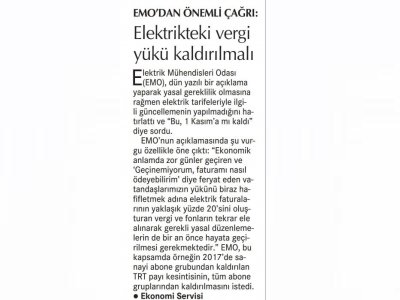 ELEKTRİKTEKİ VERGİ YÜKÜ KALDIRILMALI (CUMHURİYET)