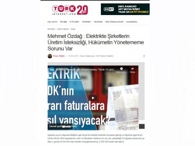 MEHMET ÖZDAĞ : ELEKTRİKTE ŞİRKETLERİN ÜRETİM İSTEKSİZLİĞİ, HÜKÜMETİN YÖNETEMEME SORUNU VAR (FÜSUN S. NEBİL/TURK-İNTERNET.COM)