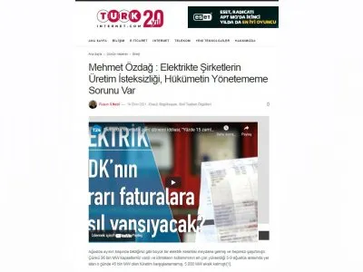 MEHMET ÖZDAĞ : ELEKTRİKTE ŞİRKETLERİN ÜRETİM İSTEKSİZLİĞİ, HÜKÜMETİN YÖNETEMEME SORUNU VAR (FÜSUN S. NEBİL/TURK-İNTERNET.COM)