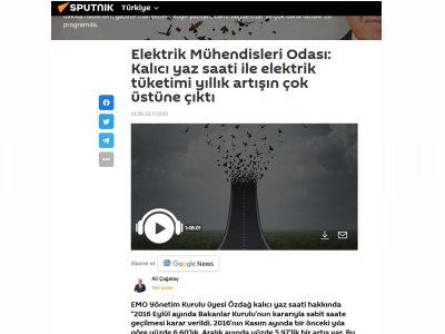 ELEKTRİK MÜHENDİSLERİ ODASI: KALICI YAZ SAATİ İLE ELEKTRİK TÜKETİMİ YILLIK ARTIŞIN ÇOK ÜSTÜNE ÇIKTI (SPUTNİKNEWS.COM)
