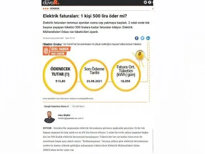 ELEKTRİK FATURALARI: 1 KİŞİ 500 LİRA ÖDER Mİ? (GAZETEDUVAR.COM.TR)