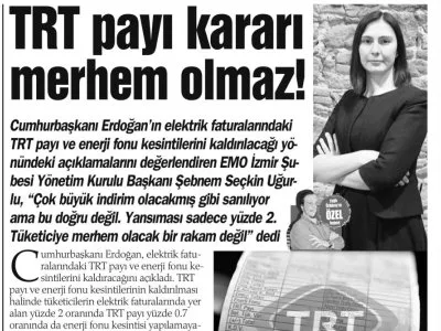 ELEKTRİK FATURALARINDAKİ TRT PAYI KARARI TÜKETİCİYE MERHEM OLMAZ! (
HABER EKSPRES)