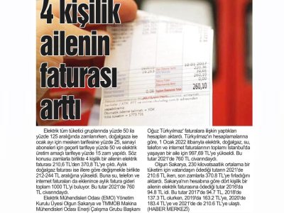 4 KİŞİLİK AİLENİN FATURASI ARTTI (BURSA KENT)