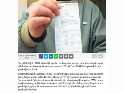 EMO: ELEKTRİK FATURALARINDAKİ VERGİ YÜKÜ AZALTILMALI  (ENERJİGUNLUGU.NET)