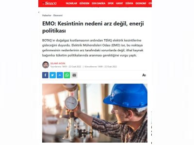 EMO: KESİNTİNİN NEDENİ ARZ DEĞİL, ENERJİ POLİTİKASI (SOZCU.COM.TR)