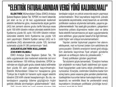 ELEKTRİK FATURALARINDAN VERGİ YÜKÜ KALDIRILMALI (KORKUTELİ GÜNDEM - 06.01.2022)