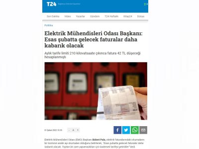 ELEKTRİK MÜHENDİSLERİ ODASI BAŞKANI: ESAS ŞUBATTA GELECEK FATURALAR DAHA KABARIK OLACAK (T24.COM.TR)