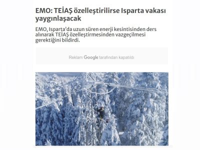 EMO: TEİAŞ ÖZELLEŞTİRİLİRSE ISPARTA VAKASI YAYGINLAŞACAK  (ENERJİGUNLUGU.NET)