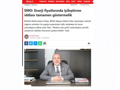EMO: ENERJİ FİYATLARINDA İYİLEŞTİRME İDDİASI TAMAMEN GÖSTERMELİK (SOZCU.COM.TR)