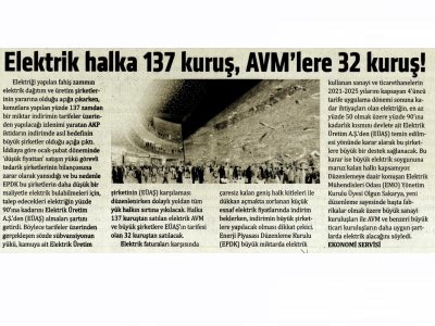 ELEKTRİK HALKA 137 KURUŞ, AVM`LERE 32 KURUŞ! (YENİ YAŞAM)