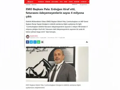 EMO BAŞKANI PALA: ERDOĞAN İTİRAF ETTİ, FATURASINI ÖDEYEMEYENLERİN SAYISI 4 MİLYONA ÇIKTI (SOZCU.COM.TR)