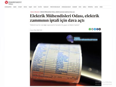 ELEKTRİK MÜHENDİSLERİ ODASI, ELEKTRİK ZAMMININ İPTALİ İÇİN DAVA AÇTI (İNDYTURK.COM)