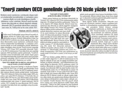 `ENERJİ ZAMLARI OECD GENELİNDE YÜZDE 26, BİZDE YÜZDE 102` (BAŞKENT GAZETESİ)