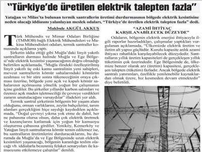 `TÜRKİYE`DE ÜRETİLEN ELEKTRİK TALEPTEN FAZLA` (BAŞKENT GAZETESİ)