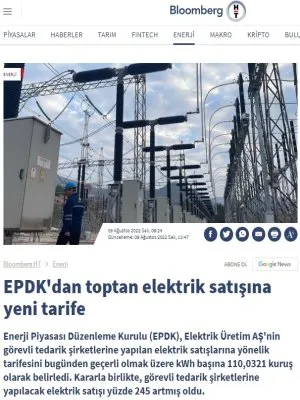 EPDK`DAN TOPTAN ELEKTRİK SATIŞINA YENİ TARİFE (BLOOMBERGHT.COM)