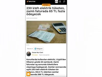 230 KWH ELEKTRİK TÜKETEN, ZAMLI FATURADA 65 TL FAZLA ÖDEYECEK (SPUTNİKNEWS.COM.TR)
