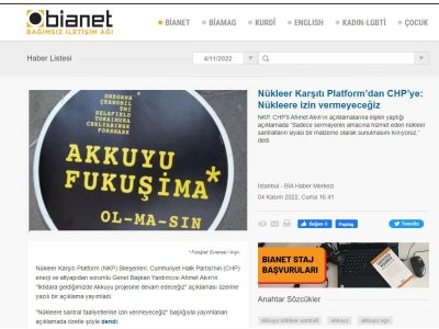 NÜKLEER KARŞITI PLATFORMDAN CHPYE: NÜKLEERE İZİN VERMEYECEĞİZ (BİANET.ORG)
