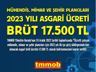 MÜHENDİS, MİMAR VE ŞEHİR PLANCILARI İÇİN 2023 YILI ASGARİ ÜCRETİ 17.500 TL OLARAK BELİRLENDİ