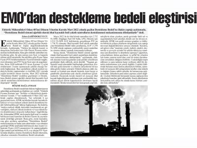 EMO`DAN DESTEKLEME BEDELİ ELEŞTİRİSİ (BAŞKENT GAZETESİ)