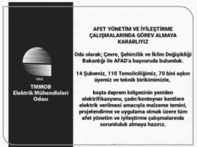 EMO: AFET YÖNETİM VE İYİLEŞTİRME ÇALIŞMALARINDA GÖREV ALMAYA KARARLIYIZ