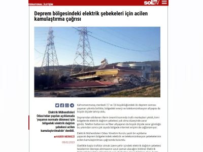 DEPREM BÖLGESİNDEKİ ELEKTRİK ŞEBEKELERİ İÇİN ACİLEN KAMULAŞTIRMA ÇAĞRISI (HABER.SOL.ORG.TR)