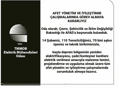 EMO: AFET YÖNETİM VE İYİLEŞTİRME ÇALIŞMALARINDA GÖREV ALMAYA KARARLIYIZ