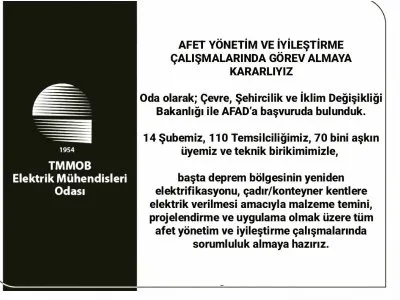 EMO: AFET YÖNETİM VE İYİLEŞTİRME ÇALIŞMALARINDA GÖREV ALMAYA KARARLIYIZ