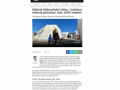 ELEKTRİK MÜHENDİSLERİ ODASI, ÇADIRLARA ELEKTRİK GÖTÜRELİM DEDİ, AFAD REDDETTİ (T24.COM.TR)