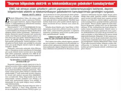 `DEPREM BÖLGESİNDE ELEKTRİK VE TELEKOMÜNİKASYON ŞEBEKELERİ KAMULAŞTIRILSIN` (BAŞKENT GAZETESİ)
