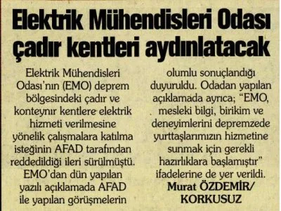 ELEKTRİK MÜHENDİSLERİ ODASI ÇADIR KENTLERİ AYDINLATACAK (KORKUSUZ)