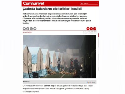 ÇADIRDA KALANLARIN ELEKTRİKLERİ KESİLDİ (CUMHURİYET.COM.TR)