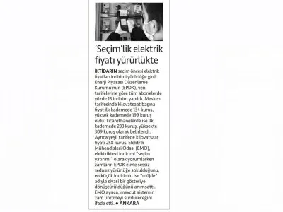 `SEÇİMLİK ELEKTRİK FİYATI YÜRÜRLÜKTE (CUMHURİYET)