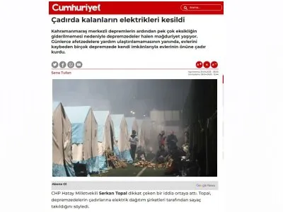 ÇADIRDA KALANLARIN ELEKTRİKLERİ KESİLDİ (CUMHURİYET.COM.TR)