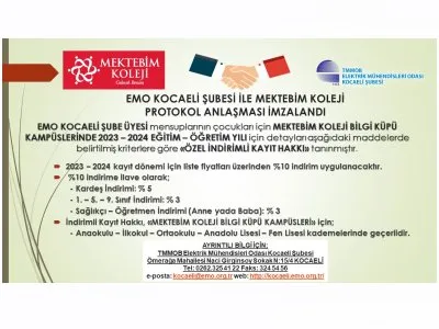 EMO KOCAELİ ŞUBESİ İLE MEKTEBİM KOLEJİ PROTOKOL ANLAŞMASI İMZALANDI