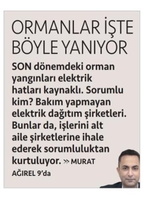 ORMAN YANGINLARININ SEBEBİ DAĞITIM ŞİRKETLERİ Mİ? (CUMHURİYET-MURAT AĞIREL)