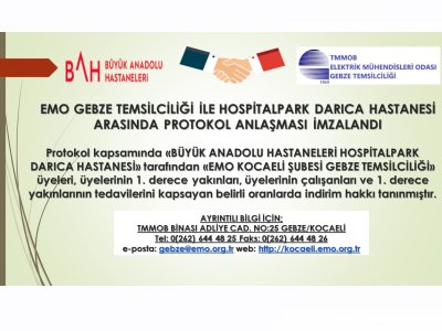 EMO GEBZE TEMSİLCİLİĞİ İLE HOSPİTALPARK DARICA HASTANESİ ARASINDA PROTOKOL ANLAŞMASI İMZALANDI