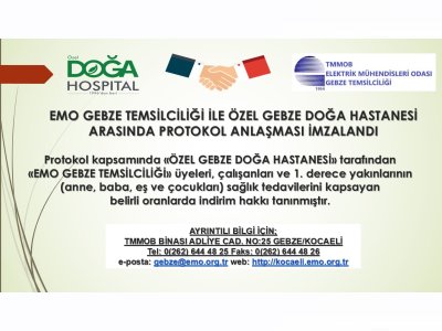 EMO GEBZE TEMSİLCİLİĞİ İLE ÖZEL GEBZE DOĞA HASTANESİ ARASINDA PROTOKOL ANLAŞMASI İMZALANDI