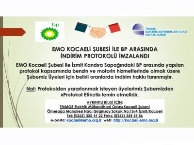 EMO KOCAELİ ŞUBESİ İLE BP ARASINDA İNDİRİM PROTOKOLÜ İMZALANDI
