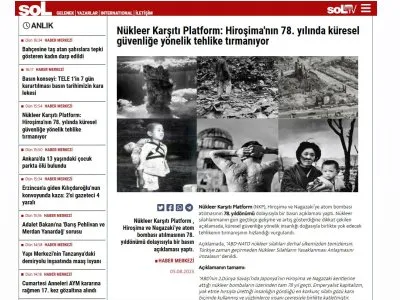 NÜKLEER KARŞITI PLATFORM: HİROŞİMA`NIN 78. YILINDA KÜRESEL GÜVENLİĞE YÖNELİK TEHLİKE TIRMANIYOR (HABER.SOL.ORG.TR)
