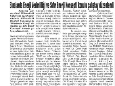 BİNALARDA ENERJİ VERİMLİLİĞİ VE SIFIR ENERJİ KONSEPTİ KONULU ÇALIŞTAY DÜZENLENDİ (TOROS GAZETESİ-30.10.2023)