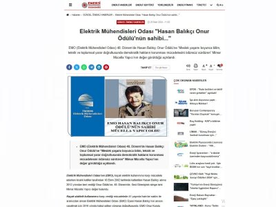 ELEKTRİK MÜHENDİSLERİ ODASI `HASAN BALIKÇI ONUR ÖDÜLÜ`NÜN SAHİBİ...` (ENERJİEKONOMİSİ.COM)