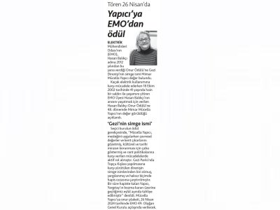 YAPICIYA EMO`DAN ÖDÜL, TÖREN 26 NİSAN`DA (CUMHURİYET)