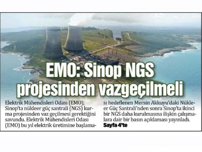 EMO: SİNOP NGS PROJESİNDEN VAZGEÇİLMELİ (SİNOP PUSULASI)