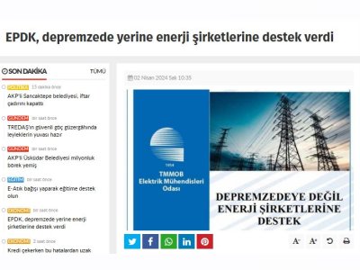 EPDK, DEPREMZEDE YERİNE ENERJİ ŞİRKETLERİNE DESTEK VERDİ (İYİGUNLER.NET)