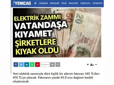 ELEKTRİK ZAMMI, VATANDAŞA KIYAMET ŞİRKETLERE KIYAK OLDU (YENİCAGGAZATESİ.COM.TR)