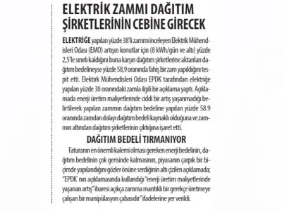 ELEKTRİK ZAMMI DAĞITIM ŞİRKETLERİNİN CEBİNE GİRECEK (YENİ ASYA)
