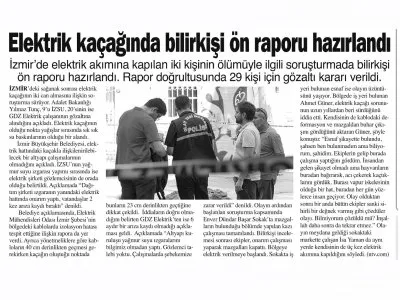 YENİ ELEKTRİK KAÇAĞINDA BİLİRKİŞİ ÖN RAPORU HAZIRLANDI (BURSA HAYAT)